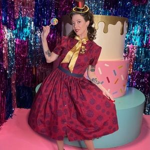 Willy Wonka X Unique Vintage Berry Swirls & Gold Bow Swing Dress